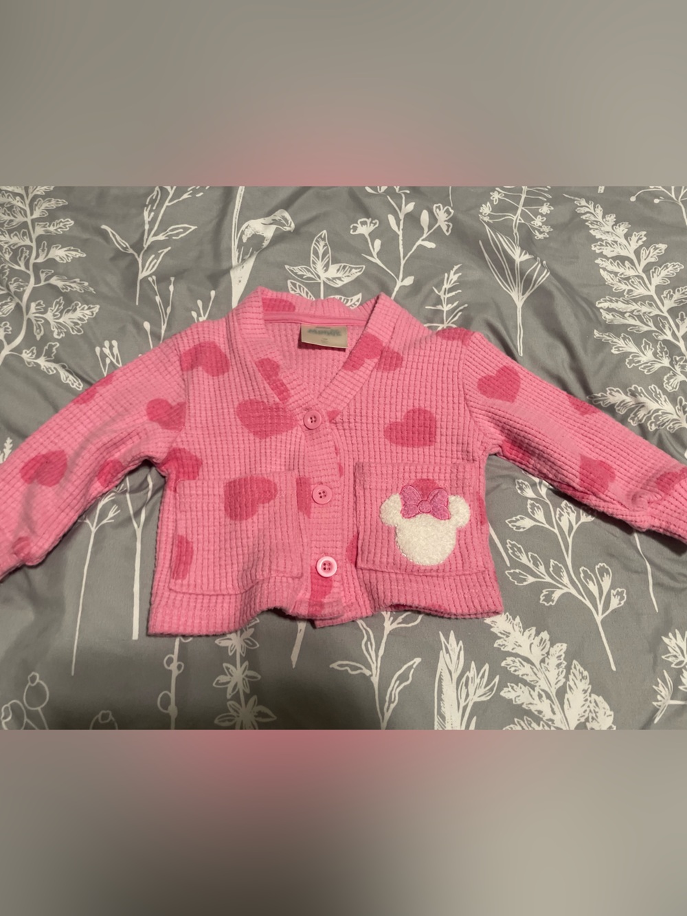 NWOT - Baby Girl 12M Pink Heart Knit Cardigan with Minnie Patch
